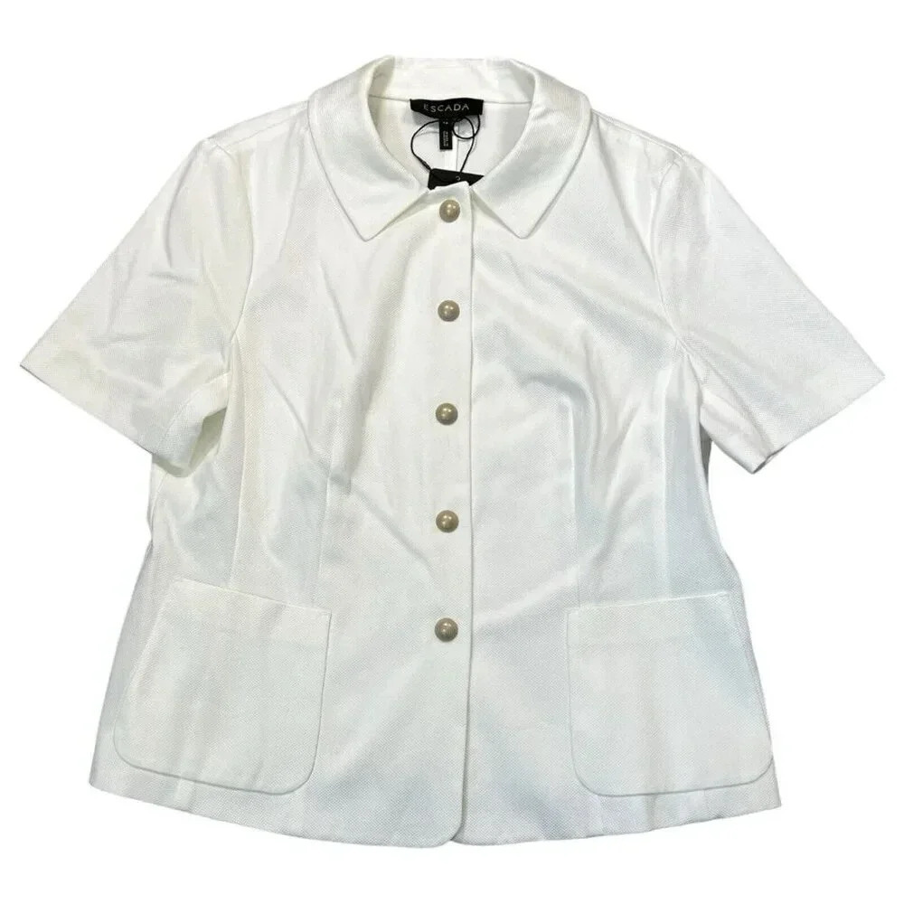 ESCADA Short Sleeve Blazer White Pique With Gold Buttons Pockets EU Size 42